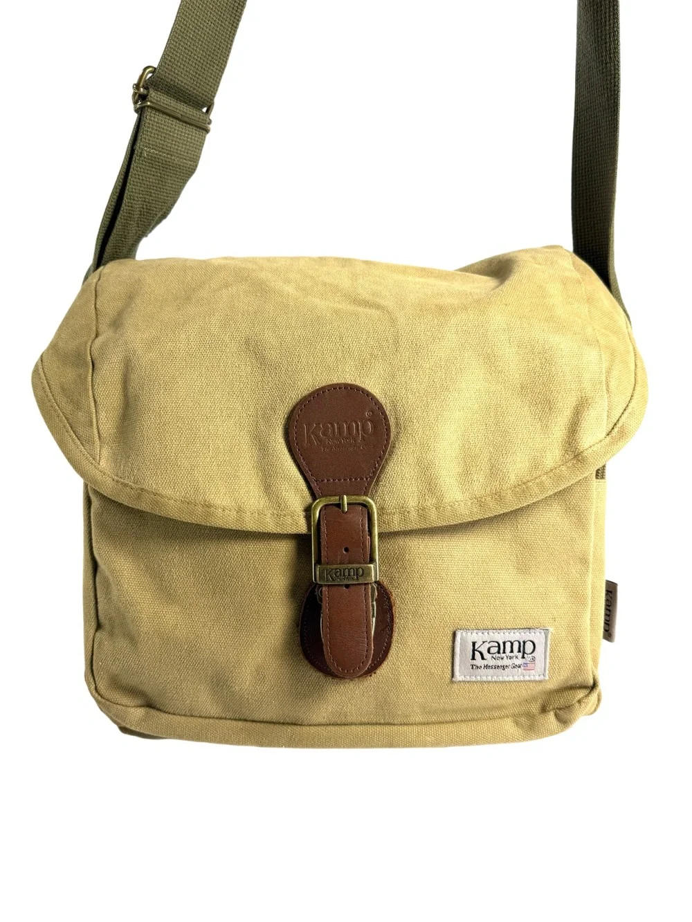 Kamp Canvas Messenger Bag in Khaki with Brown Leather Trim